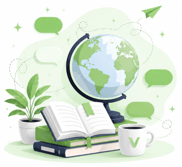 A generic graphic associated with learning and representing a study corner: a flower, a globe, an open notebook, books, speech bubbles, a cup with a drink with the Vesily app reduced logo.